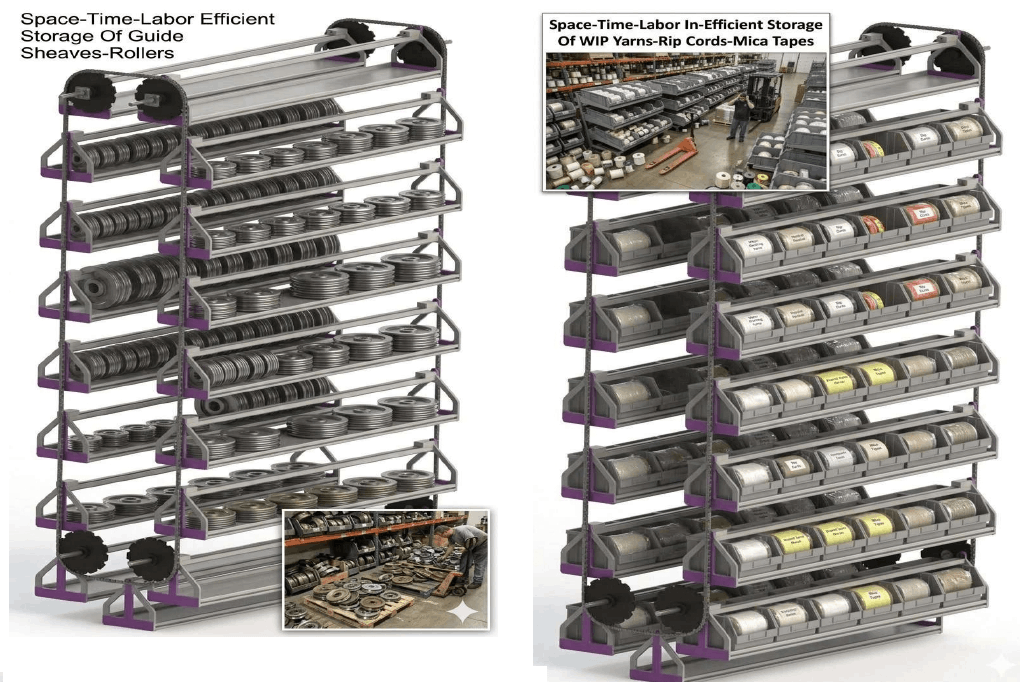 Vertical Carousels For Space-Time-Labor-Damage Efficient Vertical Storage Of Guide Sheaves, Rollers, WIP Yards, Rip Cords, Mica Tapes In Insulated Power-Telecom-Optic Fiber Cables-Wires Manufacturing Plants